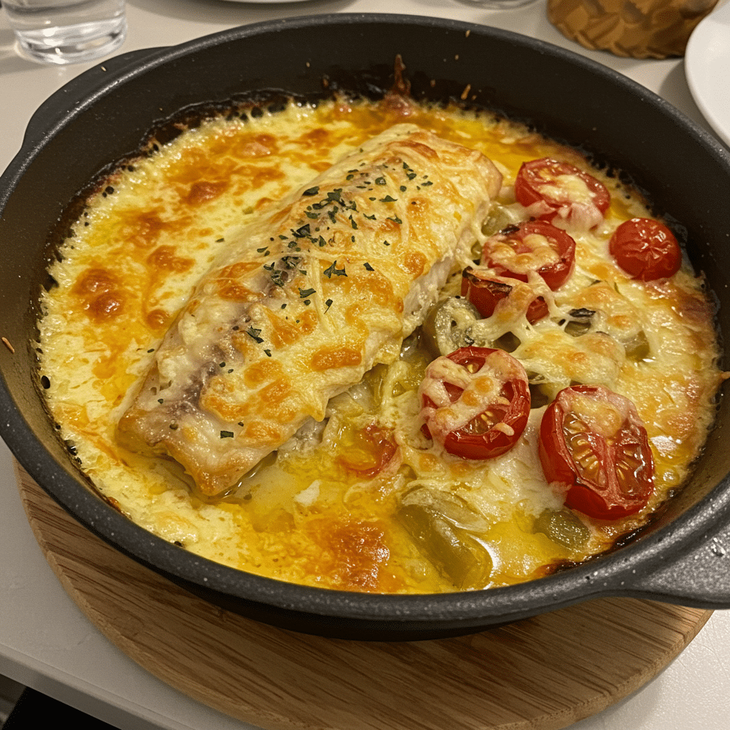 Mediterranean baked fish with cherry tomatoes, olives, and herbs in aromatic olive oil, garnished with fresh thyme