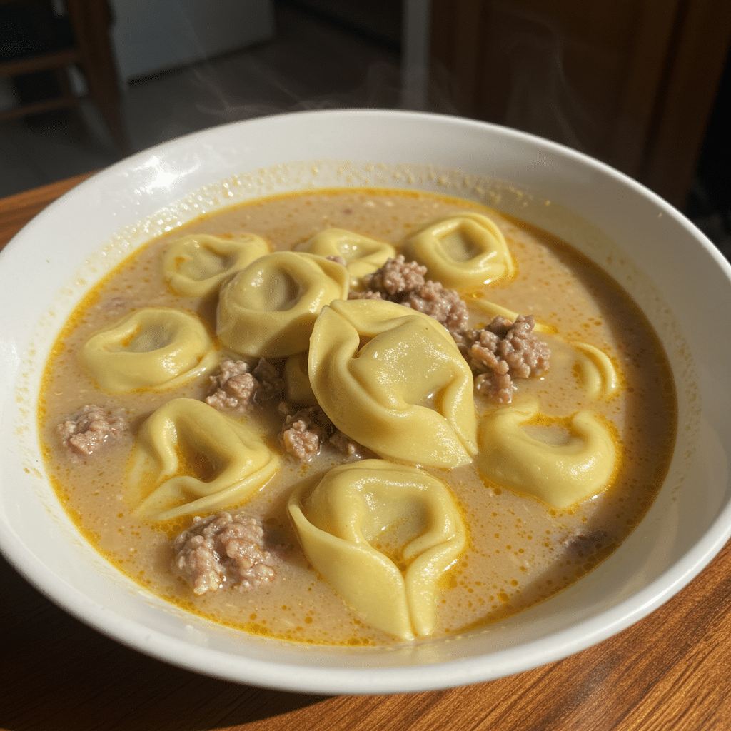 A steaming bowl of creamy Italian sausage tortellini soup with visible cheese tortellini, spinach leaves, and herbs, served in a rustic white bowl with crusty bread on the side