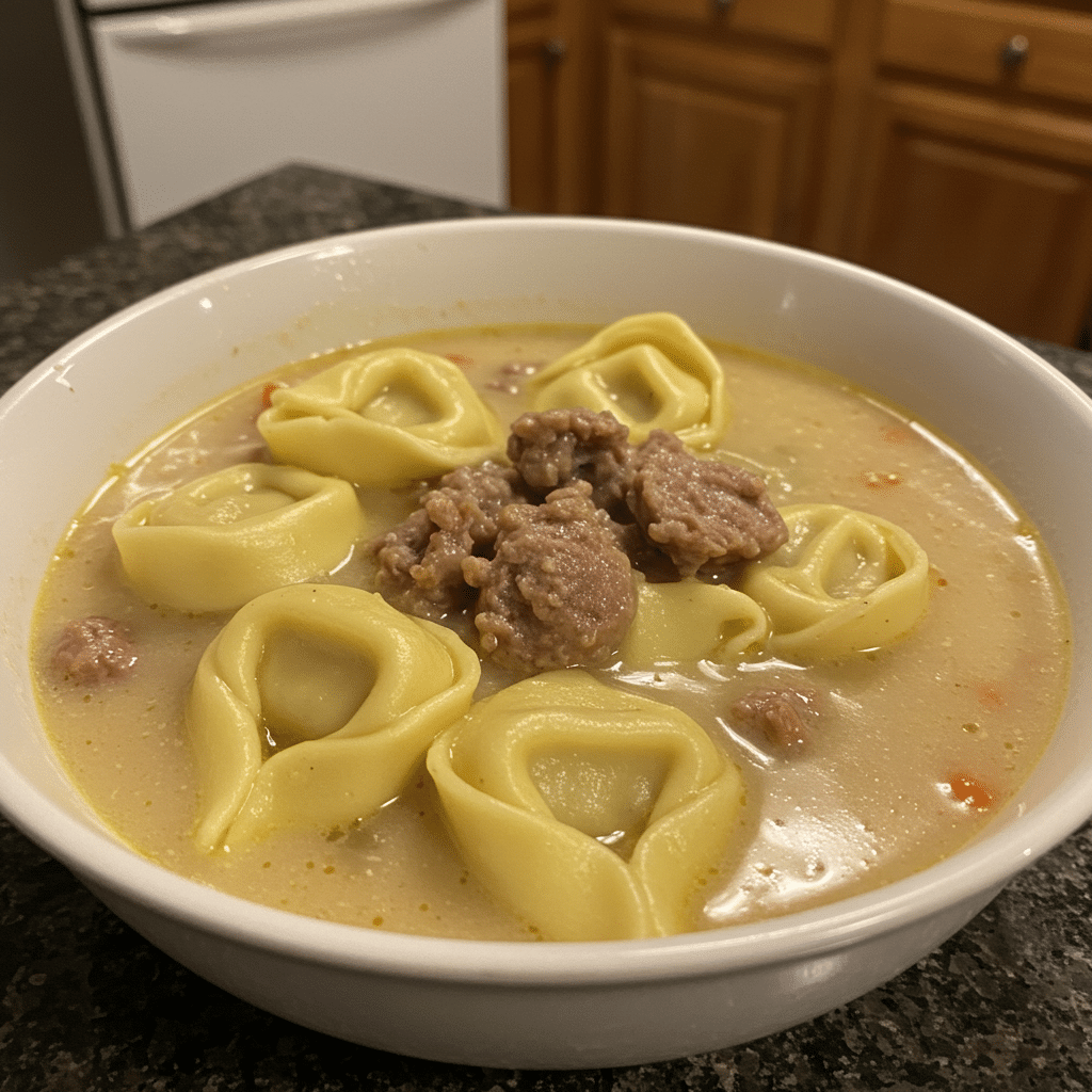 A steaming bowl of creamy Italian sausage tortellini soup with visible cheese tortellini, spinach leaves, and herbs, served in a rustic white bowl with crusty bread on the side