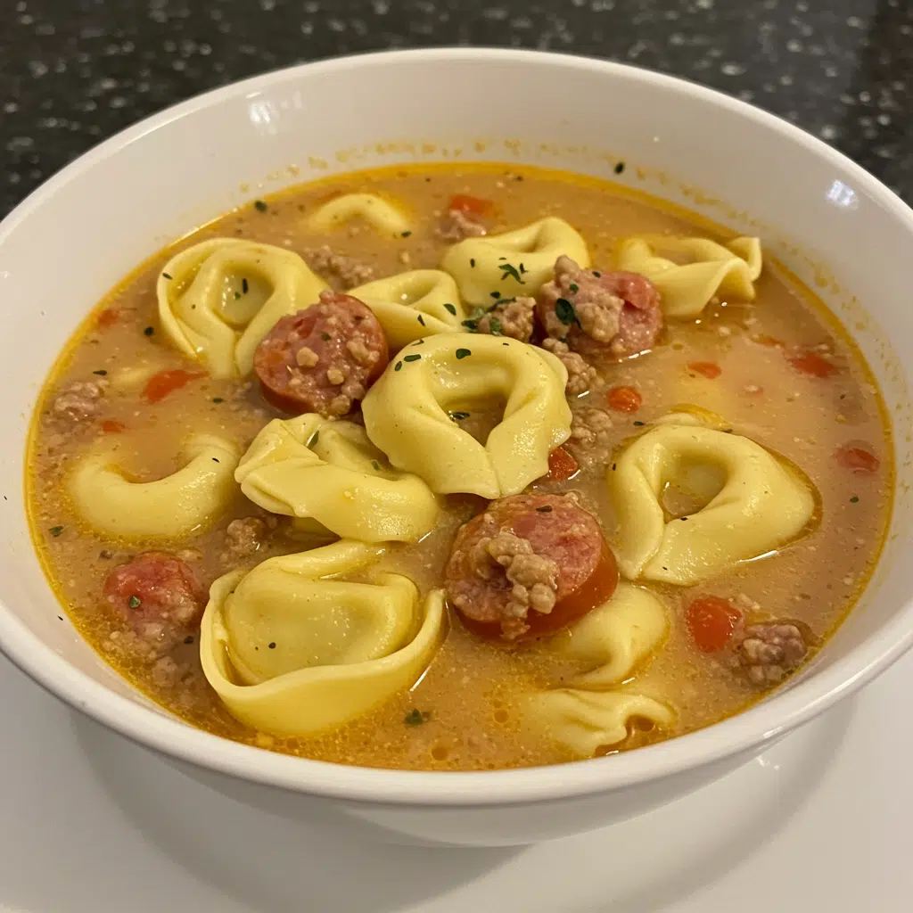 Home Page 3 A steaming bowl of creamy Italian sausage tortellini soup with visible cheese tortellini, spinach leaves, and herbs, served in a rustic white bowl with crusty bread on the side