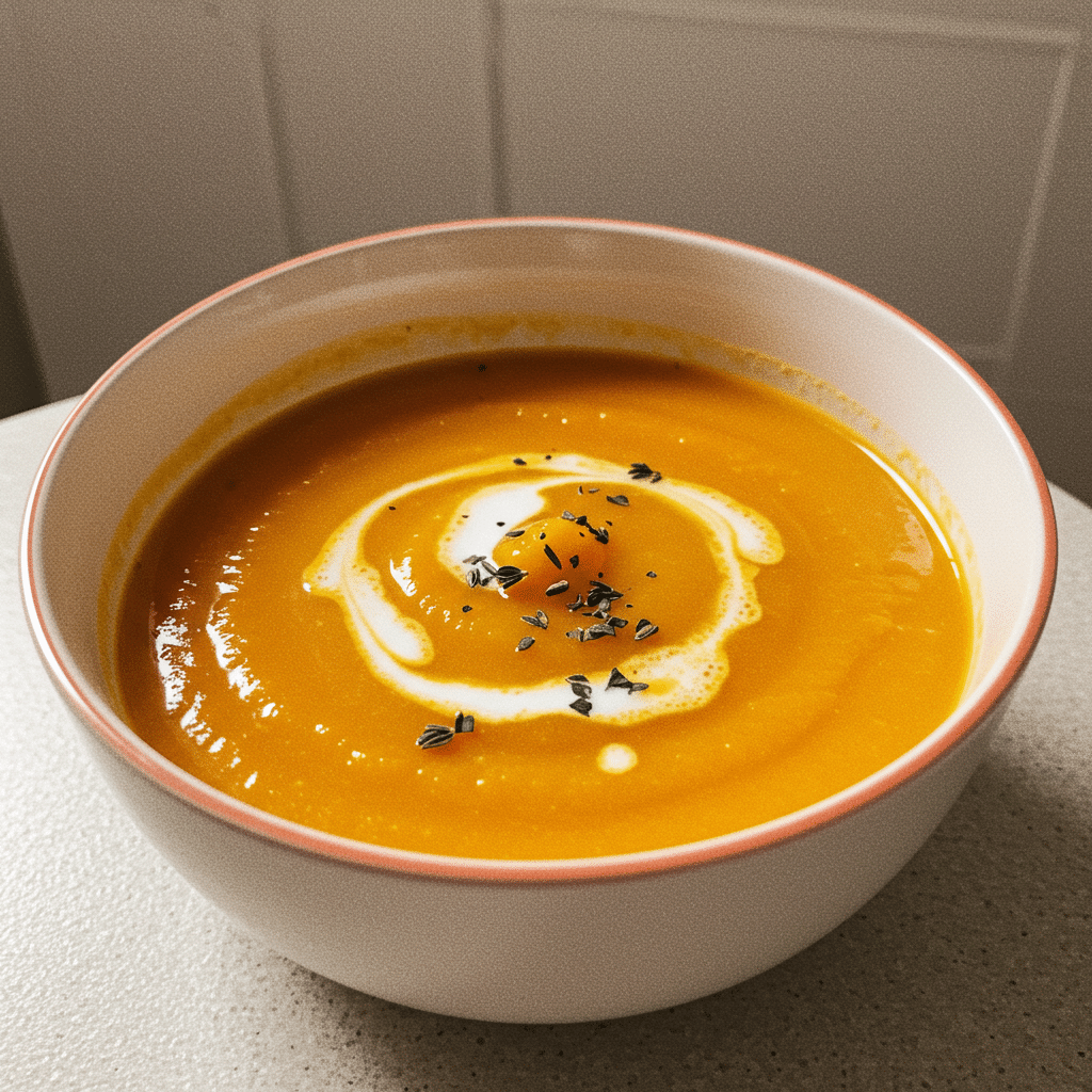 Creamy orange pumpkin soup in white bowls with swirl of cream and black pepper, served with crusty bread