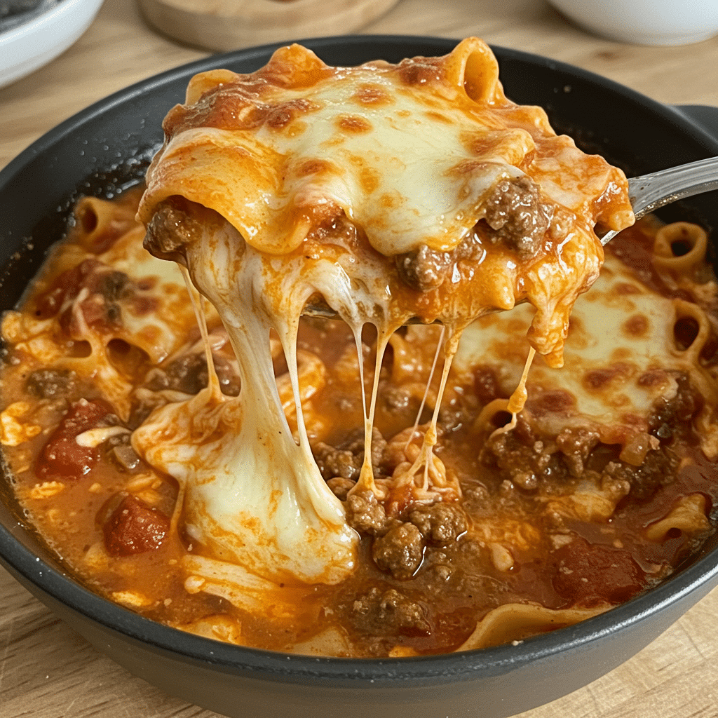 A steaming bowl of one pot lasagna soup topped with melted mozzarella, Parmesan, and a dollop of ricotta cheese, with broken lasagna noodles visible in the rich tomato broth.