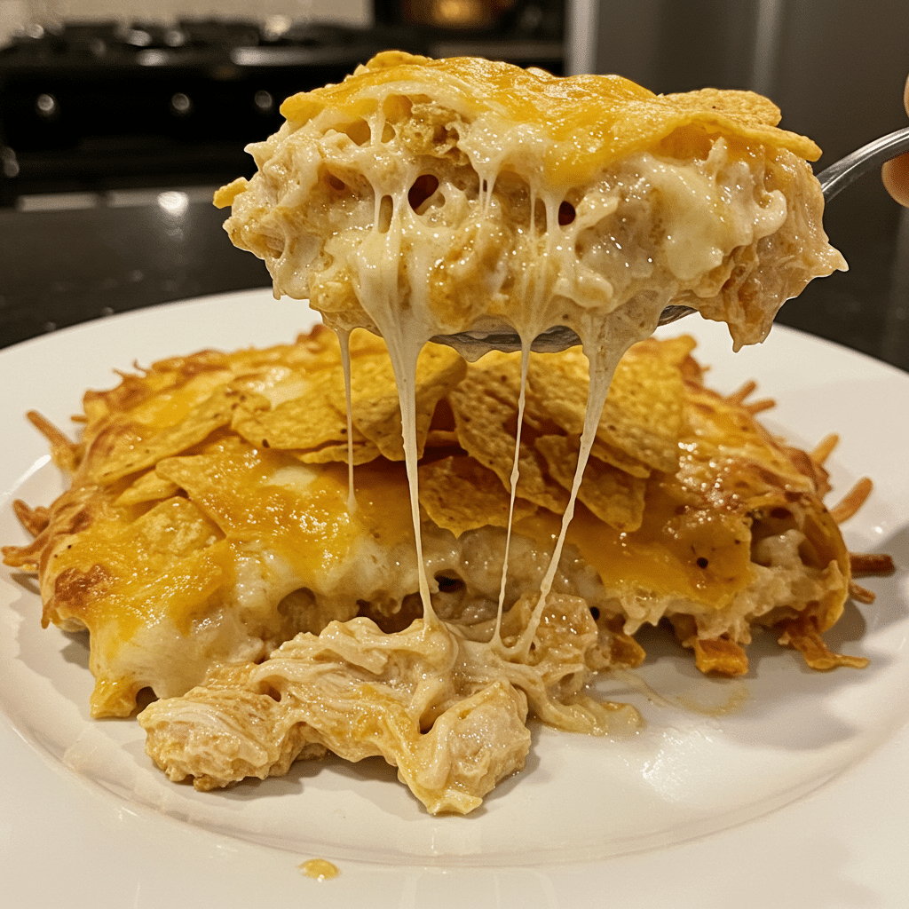 Golden bubbling Mexican White Trash Casserole in a baking dish topped with melted cheese and crushed Doritos