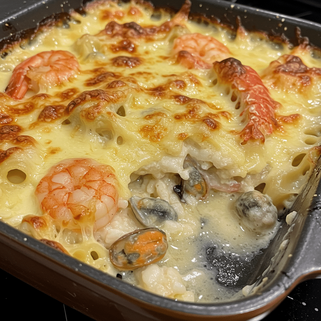 Golden-topped seafood gratin in individual white ceramic dishes, showing bubbling cream sauce with visible pieces of shrimp, halibut, and lobster, topped with herb-crusted panko breadcrumb