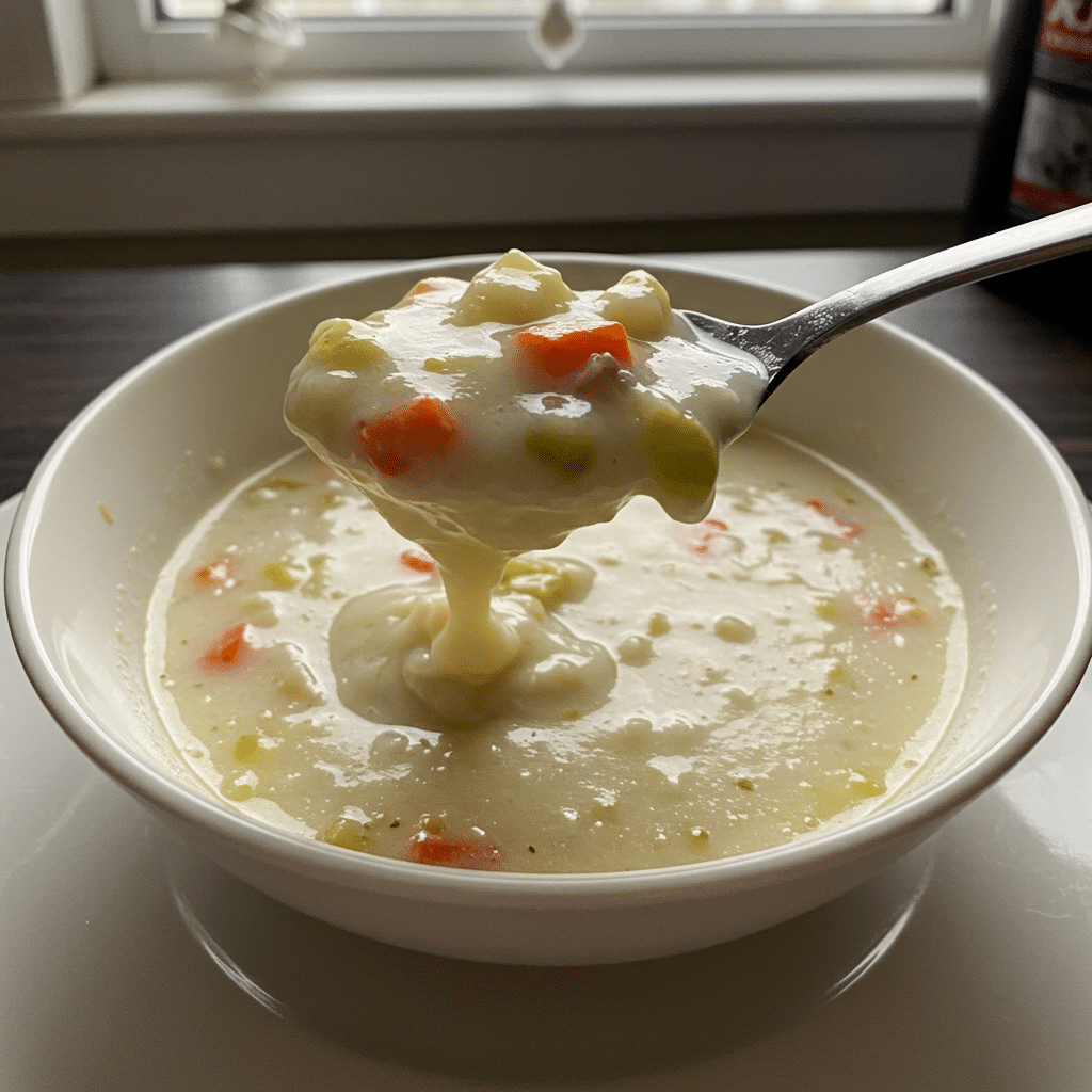 A steaming bowl of creamy Snow Day Soup topped with crispy bacon crumbles, served with crusty bread on a cozy winter table setting