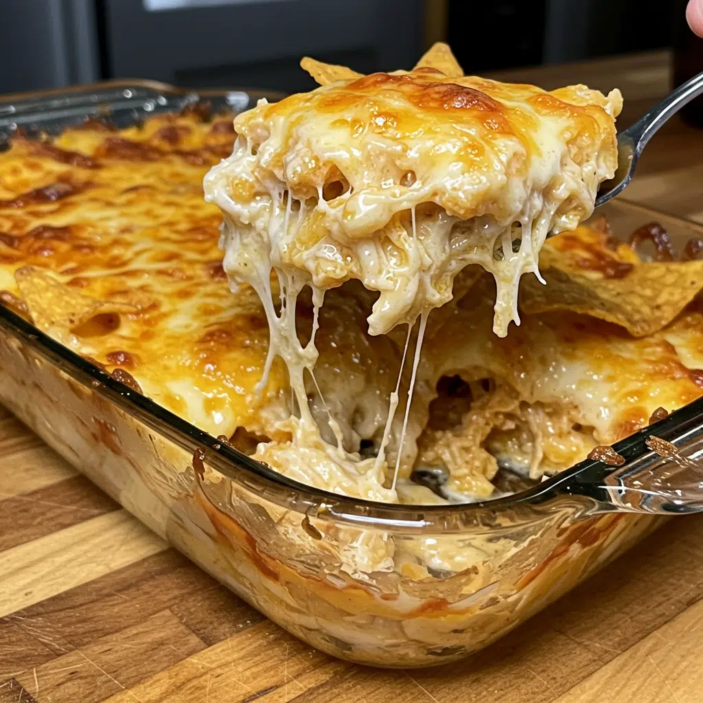 Home Page 2 Golden bubbling Mexican White Trash Casserole in a baking dish topped with melted cheese and crushed Doritos