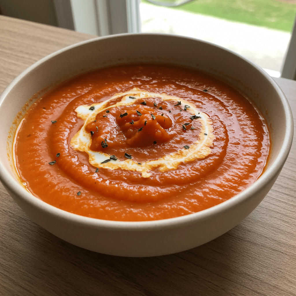 Bowl of bright orange roasted tomato soup with fresh basil and olive oil drizzle, served with grilled cheese croutons