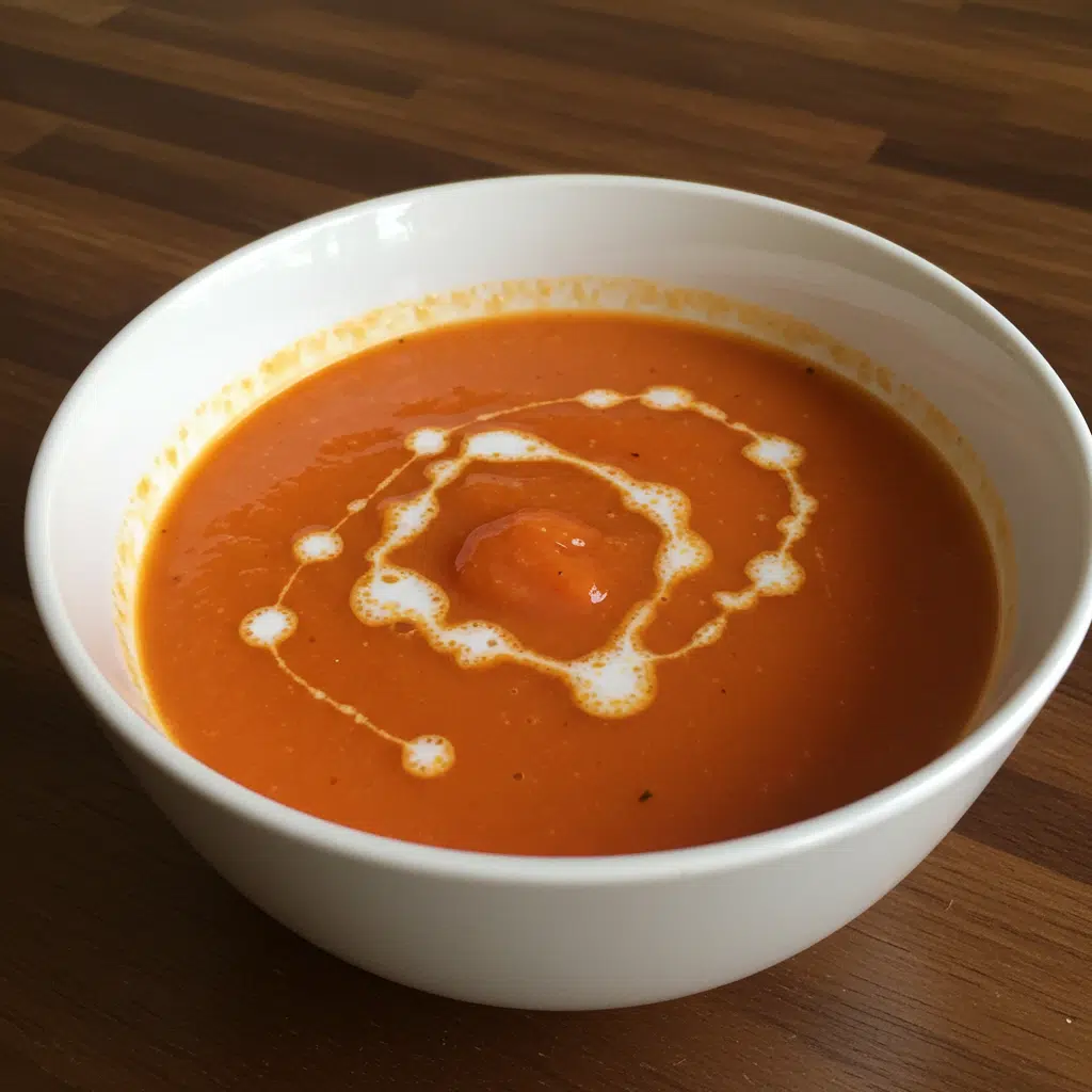 Bowl of bright orange roasted tomato soup with fresh basil and olive oil drizzle, served with grilled cheese croutons