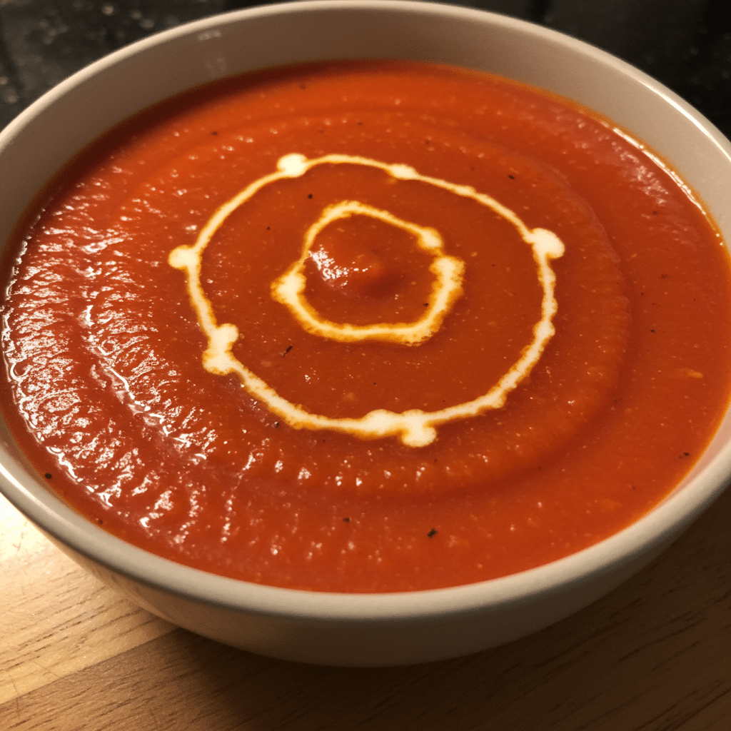 Bowl of bright orange roasted tomato soup with fresh basil and olive oil drizzle, served with grilled cheese croutons