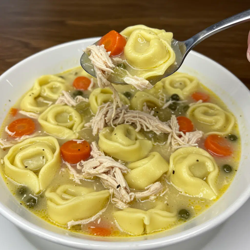 Bowl of chicken tortellini soup with vegetables and shredded chicken in clear broth, garnished with fresh parsley