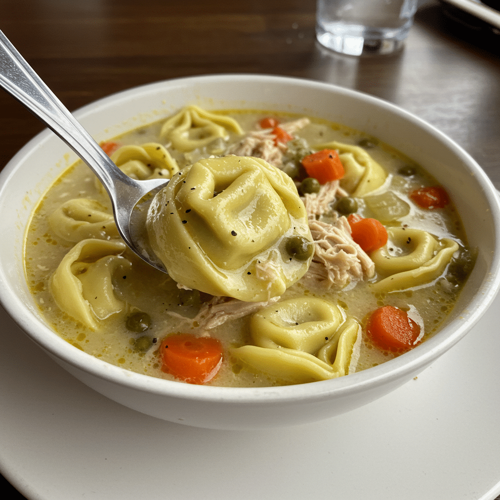 Bowl of chicken tortellini soup with vegetables and shredded chicken in clear broth, garnished with fresh parsley