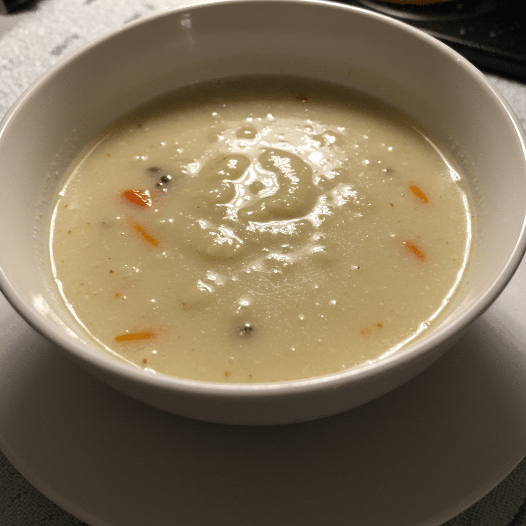 A steaming bowl of creamy Snow Day Soup topped with crispy bacon crumbles, served with crusty bread on a cozy winter table setting