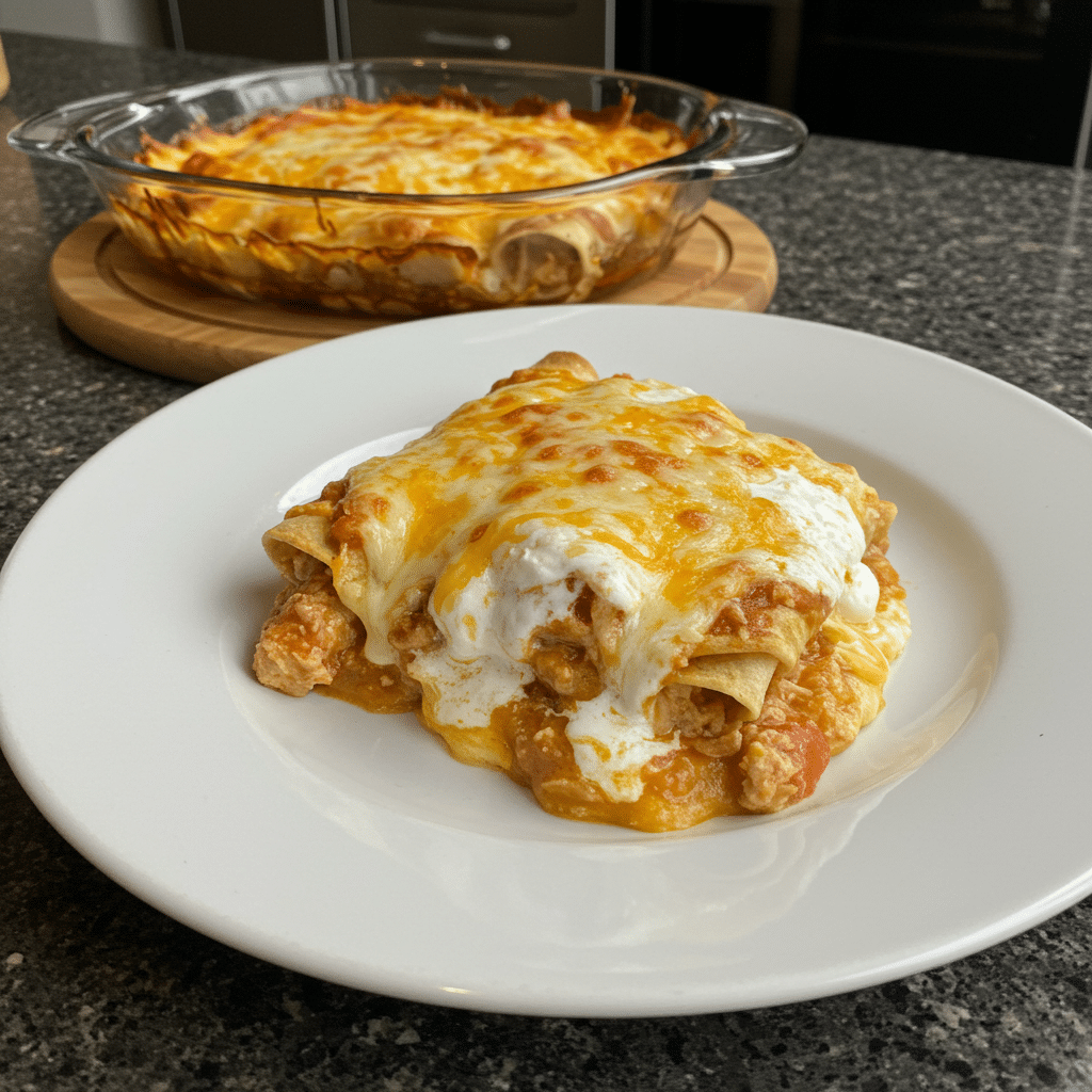 Golden bubbly chicken enchiladas with creamy white sauce and melted cheese in a 9x13 baking dish straight from the oven