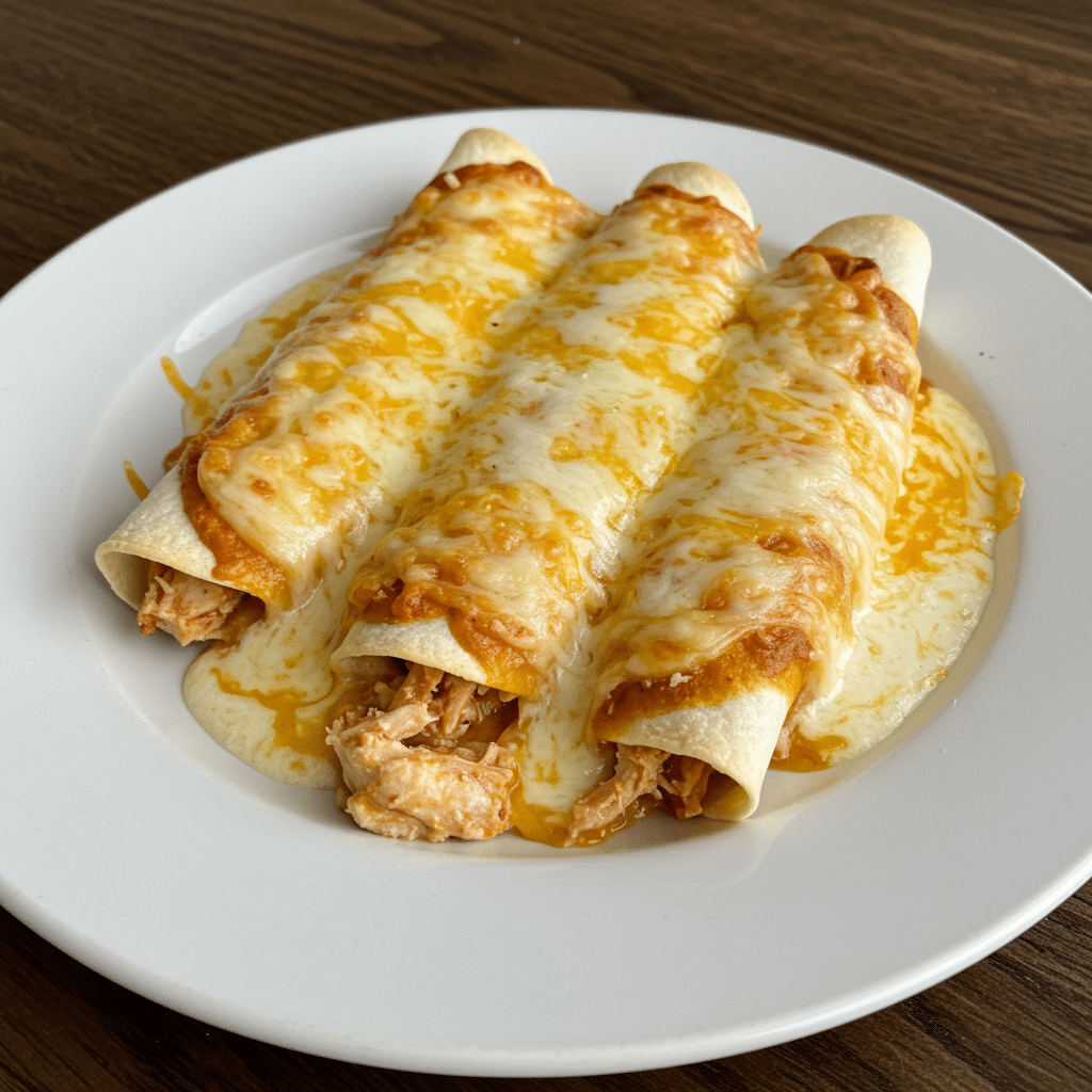 Golden bubbly chicken enchiladas with creamy white sauce and melted cheese in a 9x13 baking dish straight from the oven
