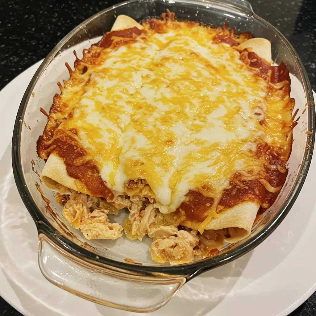 Golden bubbly chicken enchiladas with creamy white sauce and melted cheese in a 9x13 baking dish straight from the oven