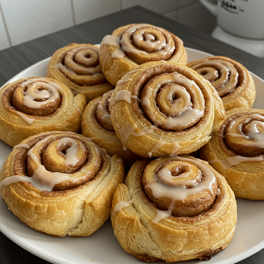 Golden, flaky puff pastry cinnamon rolls arranged on a white plate, drizzled with vanilla glaze and topped with chopped toasted pecans, photographed from above on a marble countertop.