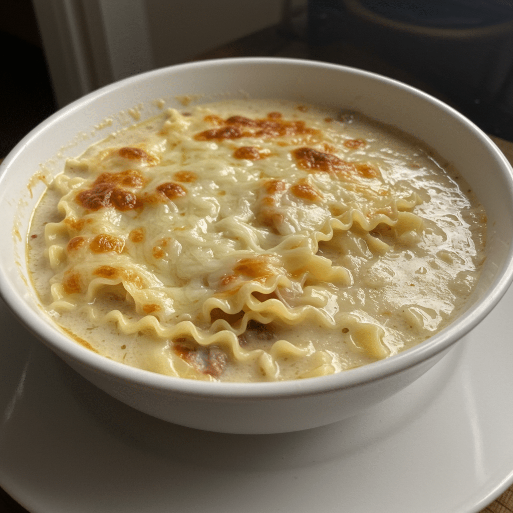 Bowl of creamy white lasagna soup with ricotta, mozzarella, and Parmesan cheese garnish