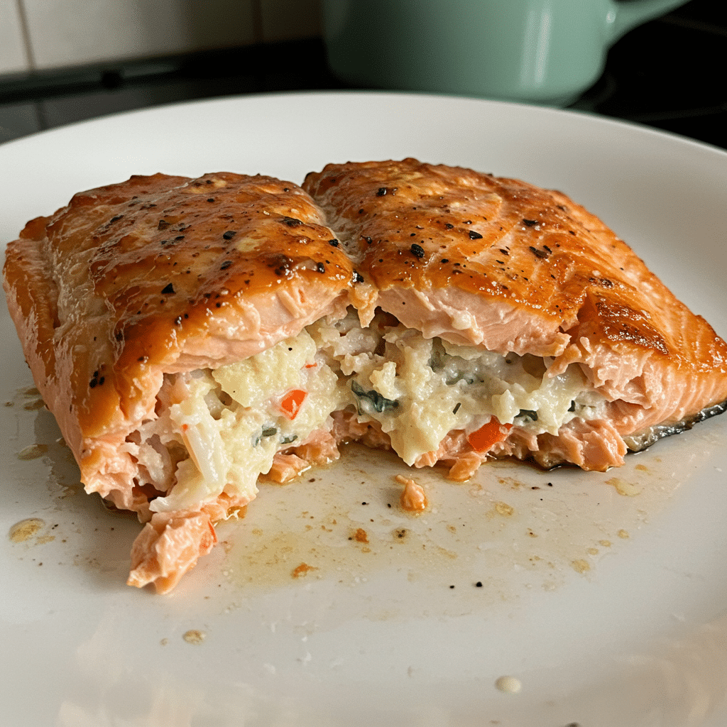 Golden crab shrimp stuffed salmon fillets on white plate garnished with fresh parsley and lemon wedges