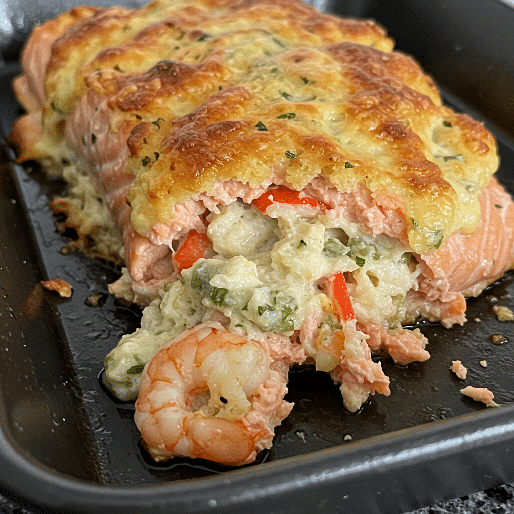 Golden crab shrimp stuffed salmon fillets on white plate garnished with fresh parsley and lemon wedges