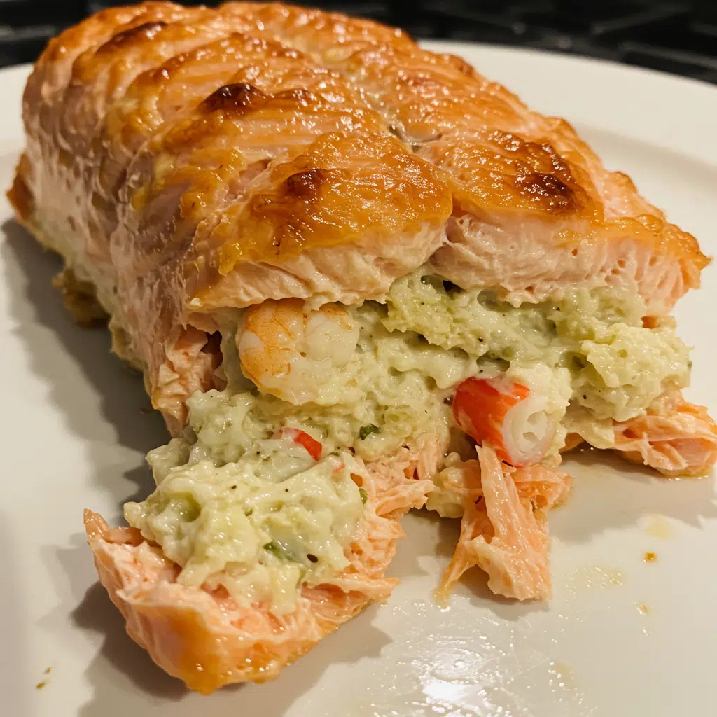 Home Page 4 Golden crab shrimp stuffed salmon fillets on white plate garnished with fresh parsley and lemon wedges