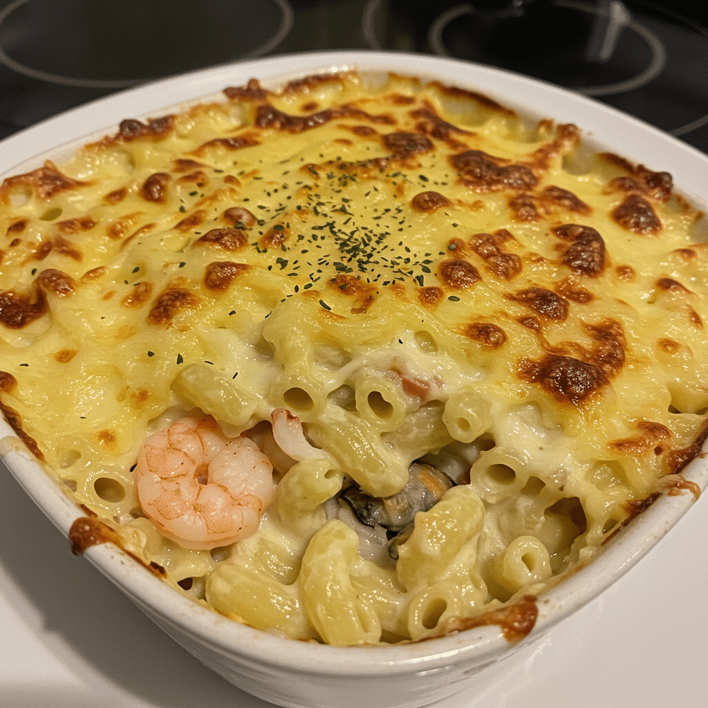 Golden-topped baked seafood pasta in a white ceramic baking dish, with visible shrimp, mussels, and pasta in creamy sauce, garnished with fresh parsley
