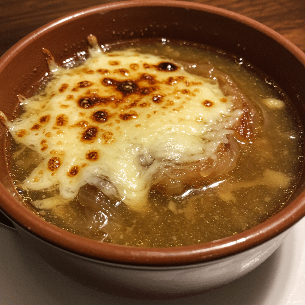 Steaming bowl of homemade French onion soup with melted cheese and bread on top, photographed on a kitchen counter