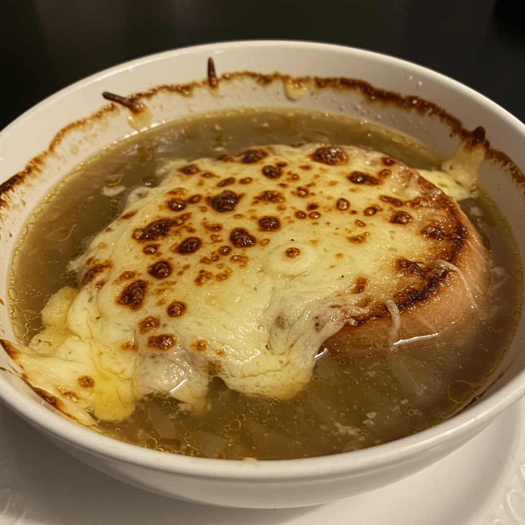 Steaming bowl of homemade French onion soup with melted cheese and bread on top, photographed on a kitchen counter