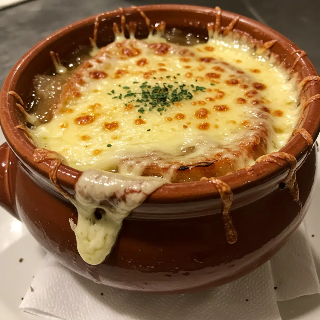 Home Page 3 Steaming bowl of homemade French onion soup with melted cheese and bread on top, photographed on a kitchen counter