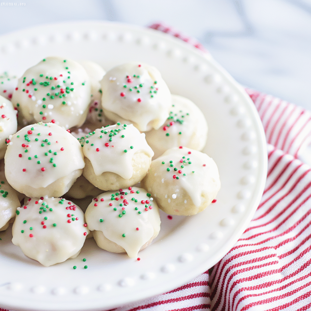 Soft Italian Christmas cookies with white glaze and colorful sprinkles arranged on a white plate