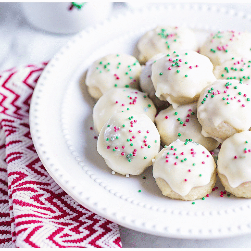 Soft Italian Christmas cookies with white glaze and colorful sprinkles arranged on a white plate