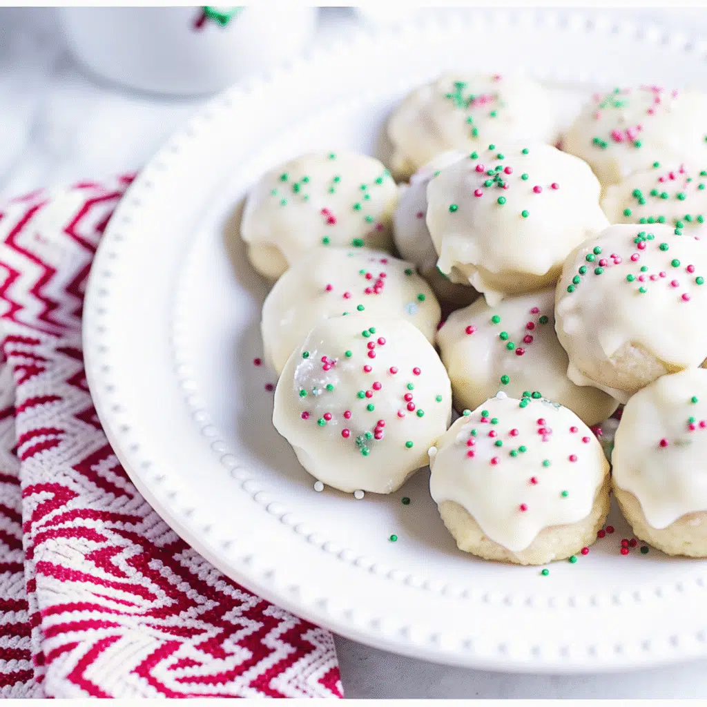 Home Page 3 Soft Italian Christmas cookies with white glaze and colorful sprinkles arranged on a white plate