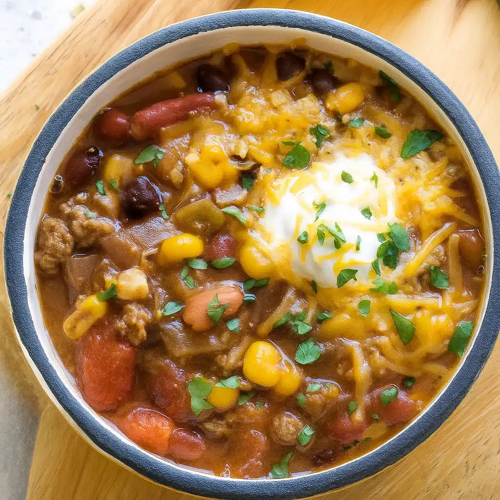 Easy Taco Soup with Ranch 4 A steaming bowl of hearty taco soup with ranch, topped with shredded cheese, sour cream, a