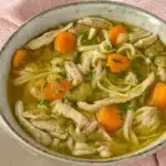 Homemade Chicken Noodle Soup 5 A steaming bowl of homemade chicken noodle soup with tender egg noodles, shredded chicken, diced carrots and celery in a rich golden broth, garnished with fresh herbs