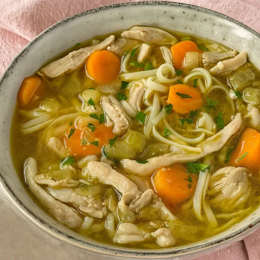 Homemade Chicken Noodle Soup 4 A steaming bowl of homemade chicken noodle soup with tender egg noodles, shredded chicken, diced carrots and celery in a rich golden broth, garnished with fresh herbs