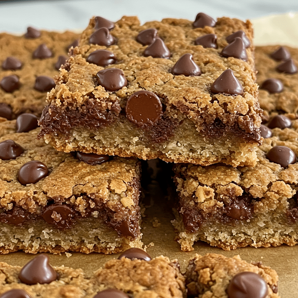 Homemade oatmeal chocolate chip bars cut into squares