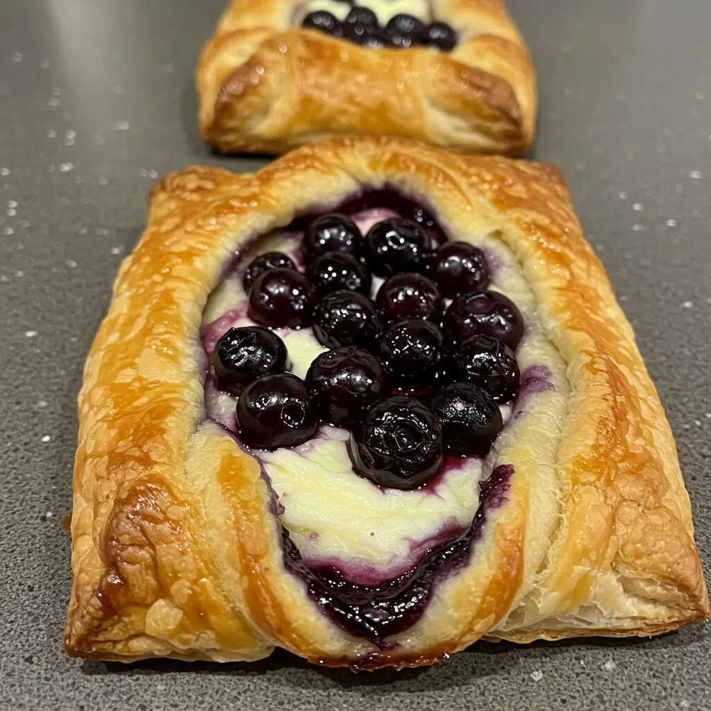 Home Page 18 Golden braided puff pastry with cream cheese and blueberry filling cut open showing layers