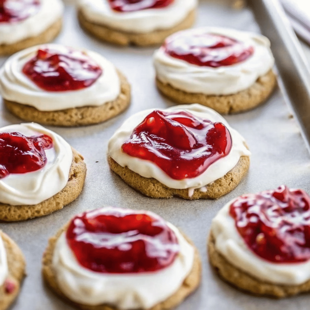 Homemade raspberry cheesecake cookies with visible raspberry pieces and graham cracker crumbs, fresh from the oven