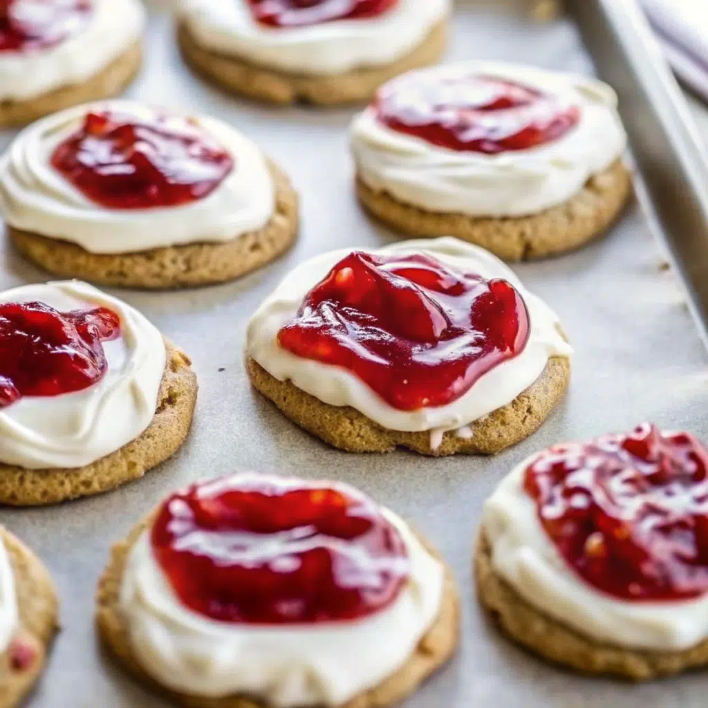 Homemade raspberry cheesecake cookies with visible raspberry pieces and graham cracker crumbs, fresh from the oven
