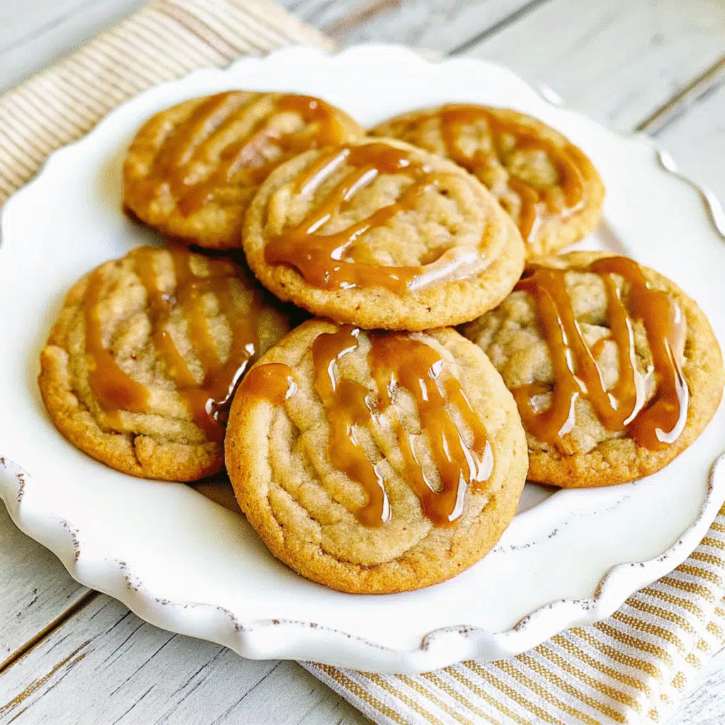 Salted Caramel Cookies 6 Soft, golden-brown salted caramel cookies drizzled with caramel sauce and topped with flaky sea salt on parchment paper
