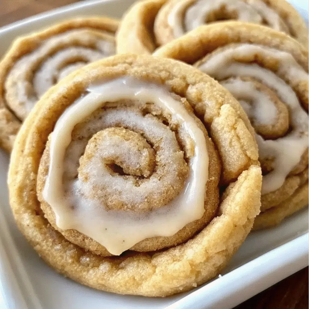 Cinnamon Roll Cookies 6 Soft cinnamon roll cookies with visible cinnamon swirls, drizzled with white vanilla icing, arranged on parchment paper