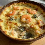 Luxurious Seafood Gratin 6 Golden-topped seafood gratin in individual white ceramic dishes, showing bubbling cream sauce with visible pieces of shrimp, halibut, and lobster, topped with herb-crusted panko breadcrumb