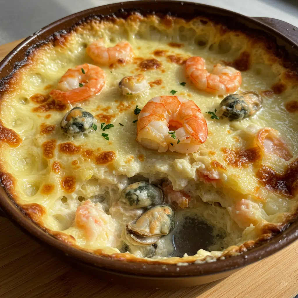 Home Page 17 Golden-topped seafood gratin in individual white ceramic dishes, showing bubbling cream sauce with visible pieces of shrimp, halibut, and lobster, topped with herb-crusted panko breadcrumb