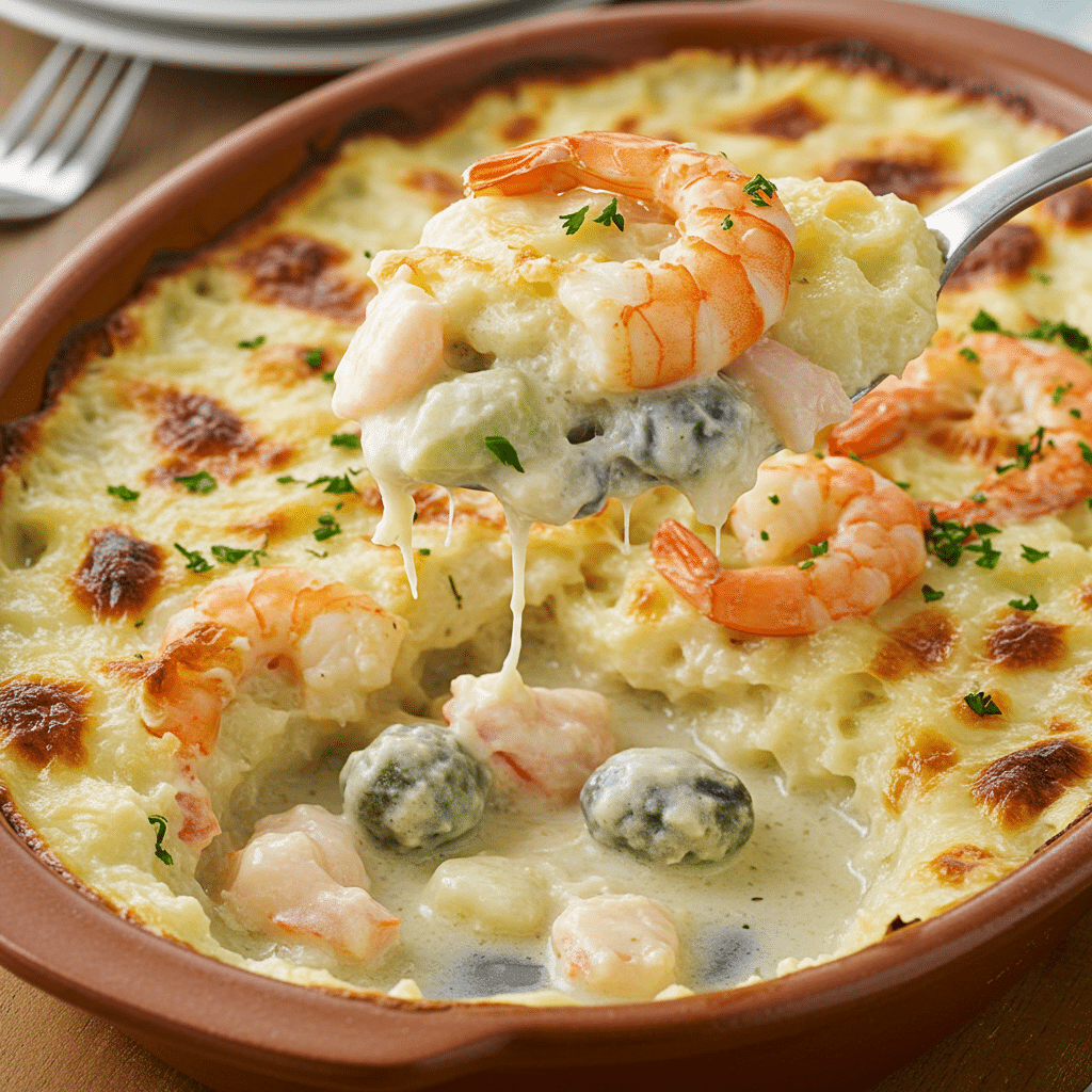 Golden-topped seafood gratin in individual white ceramic dishes, showing bubbling cream sauce with visible pieces of shrimp, halibut, and lobster, topped with herb-crusted panko breadcrumb