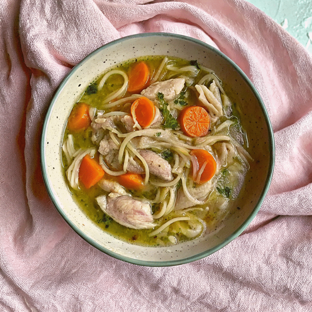 A steaming bowl of homemade chicken noodle soup with tender egg noodles, shredded chicken, diced carrots and celery in a rich golden broth, garnished with fresh herbs