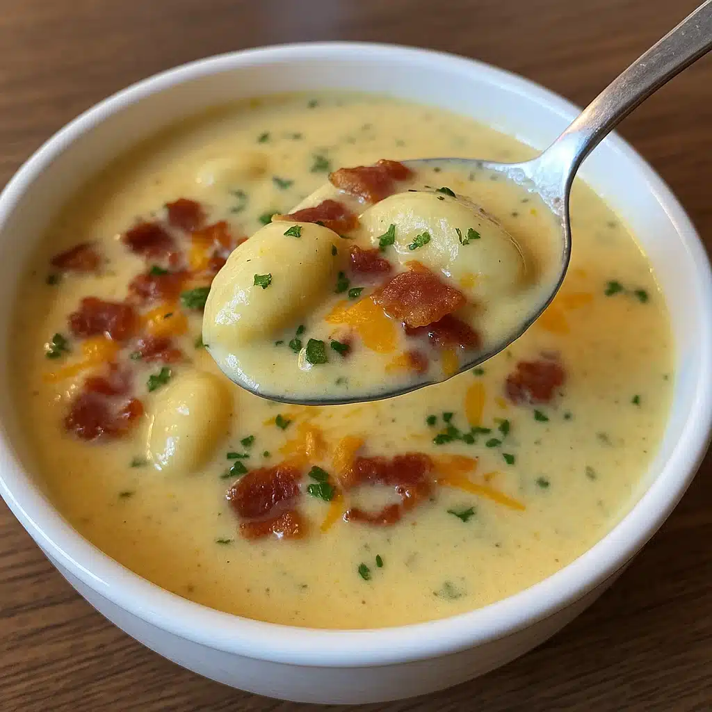 Home Page 6 A bowl of creamy bacon cheddar gnocchi soup garnished with crispy bacon bits and green onions, served with crusty bread