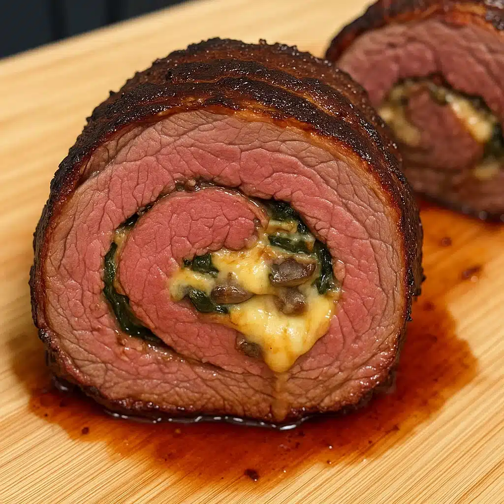 Sliced stuffed beef tenderloin showing cross-section of mushroom, spinach and cheese filling arranged on white serving platter