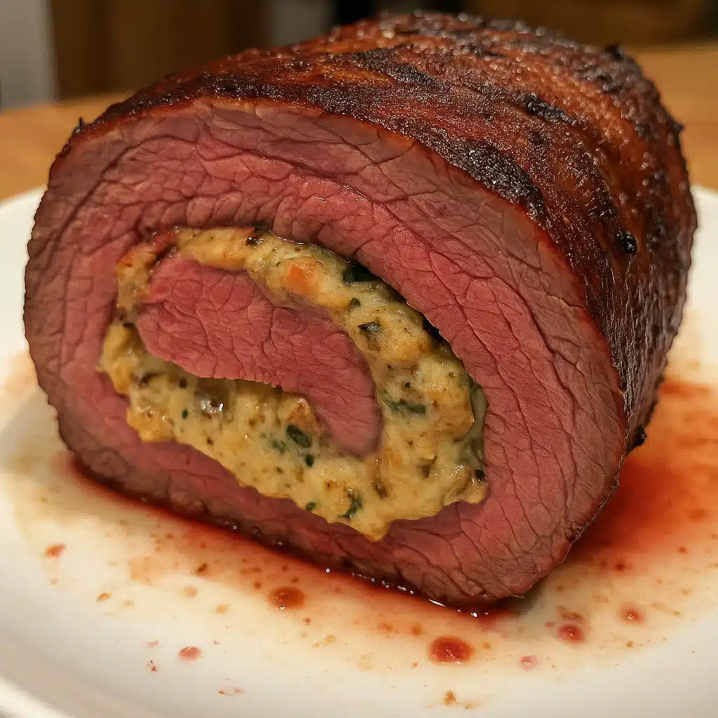 Home Page 3 Sliced stuffed beef tenderloin showing cross-section of mushroom, spinach and cheese filling arranged on white serving platter