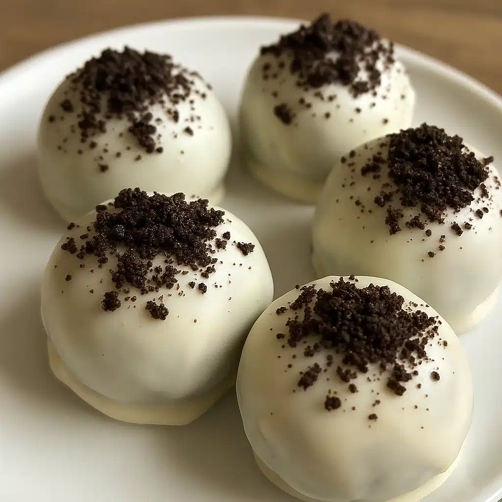 Dark chocolate-coated Oreo balls arranged on a white plate, some decorated with white chocolate drizzle and crushed cookie pieces