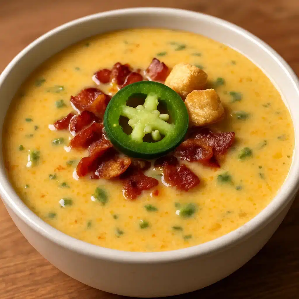 Jalapeno Popper Soup 6 A steaming bowl of creamy jalapeno popper soup topped with crispy bacon bits, shredded cheese, and sliced jalapeños, served with crusty bread.