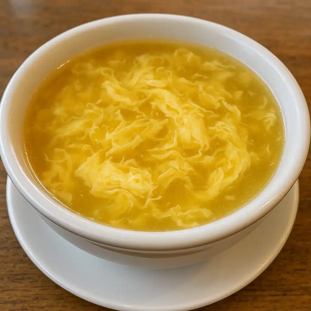 A bowl of homemade egg drop soup with delicate egg ribbons, garnished with sliced green onions and a drizzle of sesame oil